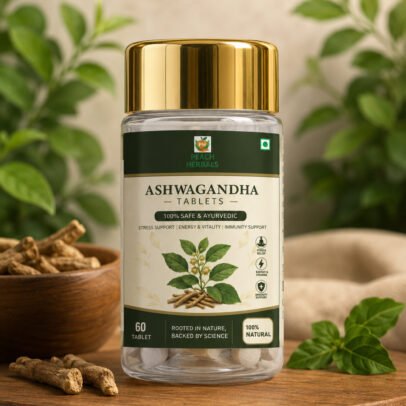 Peach Herbals Ashwagandha Tablets 60 Tablets Ayurvedic Herbal Supplement Bottle