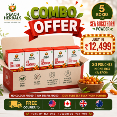 Peach Herbals Sea Buckthorn Powder Combo Pack containing 5 boxes with 30 sachets each featuring Sea Buckthorn, Moringa and Grape Seed Extract